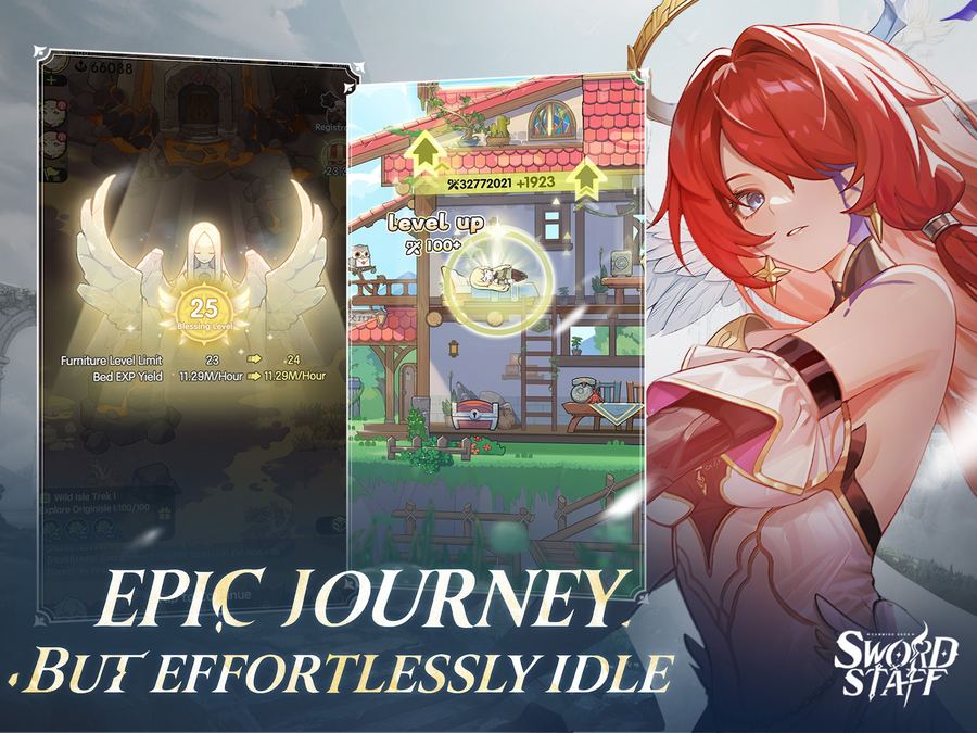 Sword x Staff Blessing Level 25 screen raising furniture level limit and bed EXP yield, next to the home with a sleeping character gaining level-ups